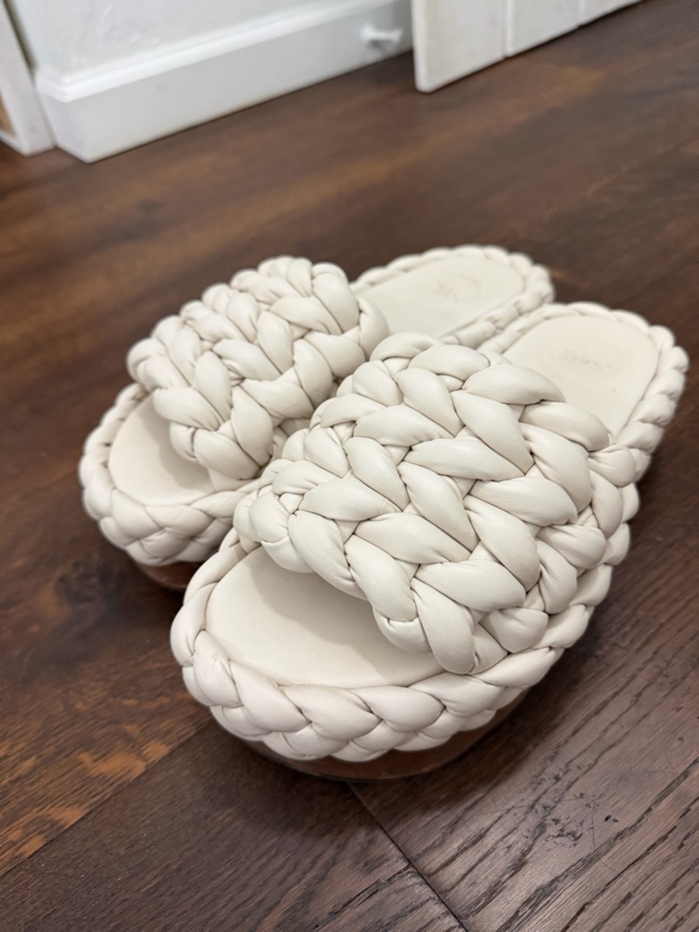 Chloe Leather Braided Platform Slide Sandals in Off-White